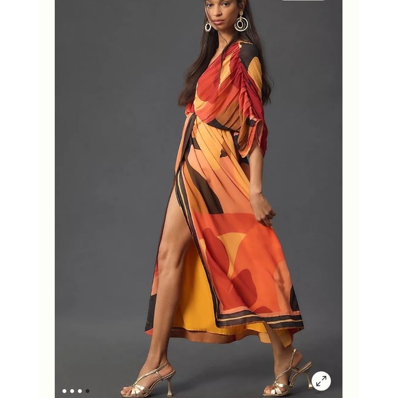 Farm Rio Short Sleeve Wrap Front Maxi Dress Orange Brown Womens Large Petite - Picture 3 of 16